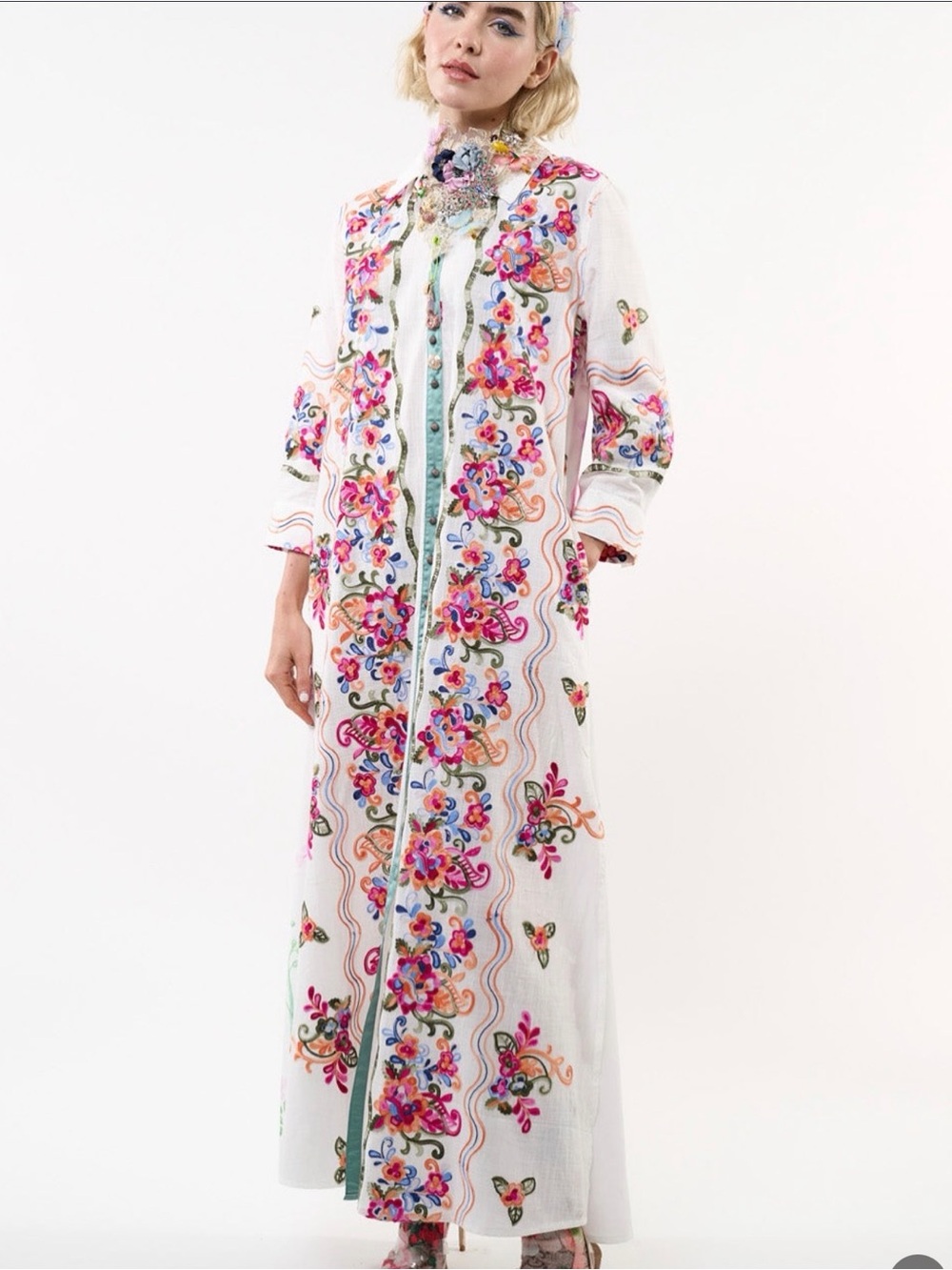 Aratta White Maxi Coat with Multicolor Floral Embroidery $224 msrp